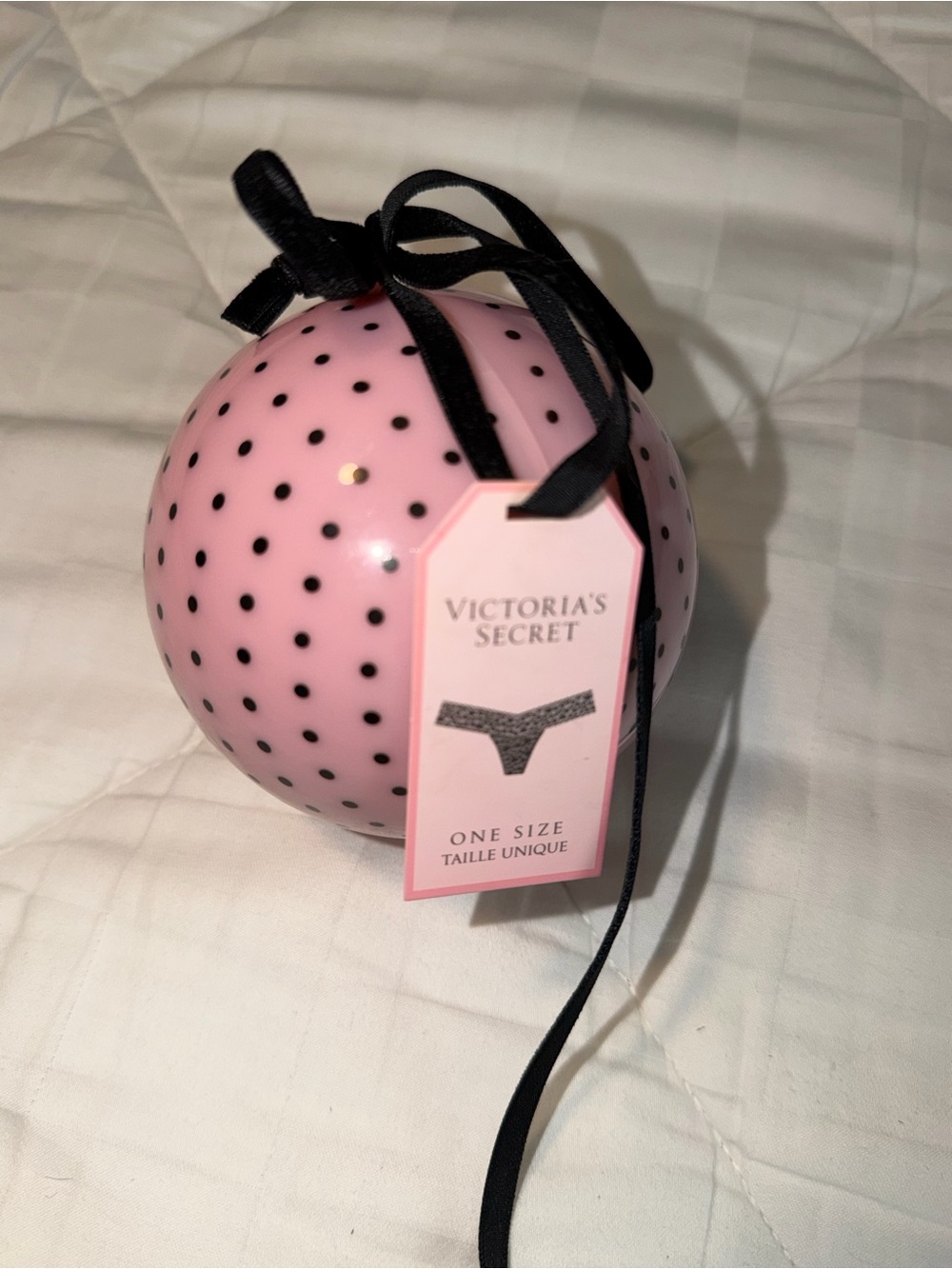 Victoria's Secret Pink Ornament with Black Polka Dots & lace thong.